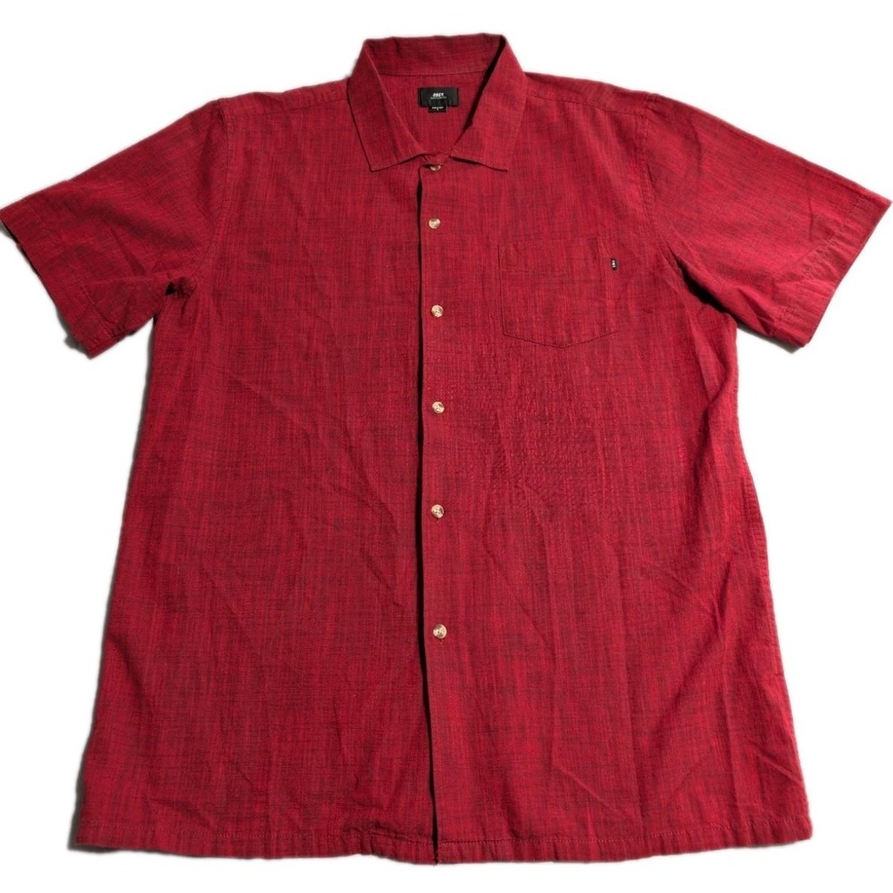 Obey Worldwide Button Front Shirt Mens Large Red Camp Collar Skate Streetwear